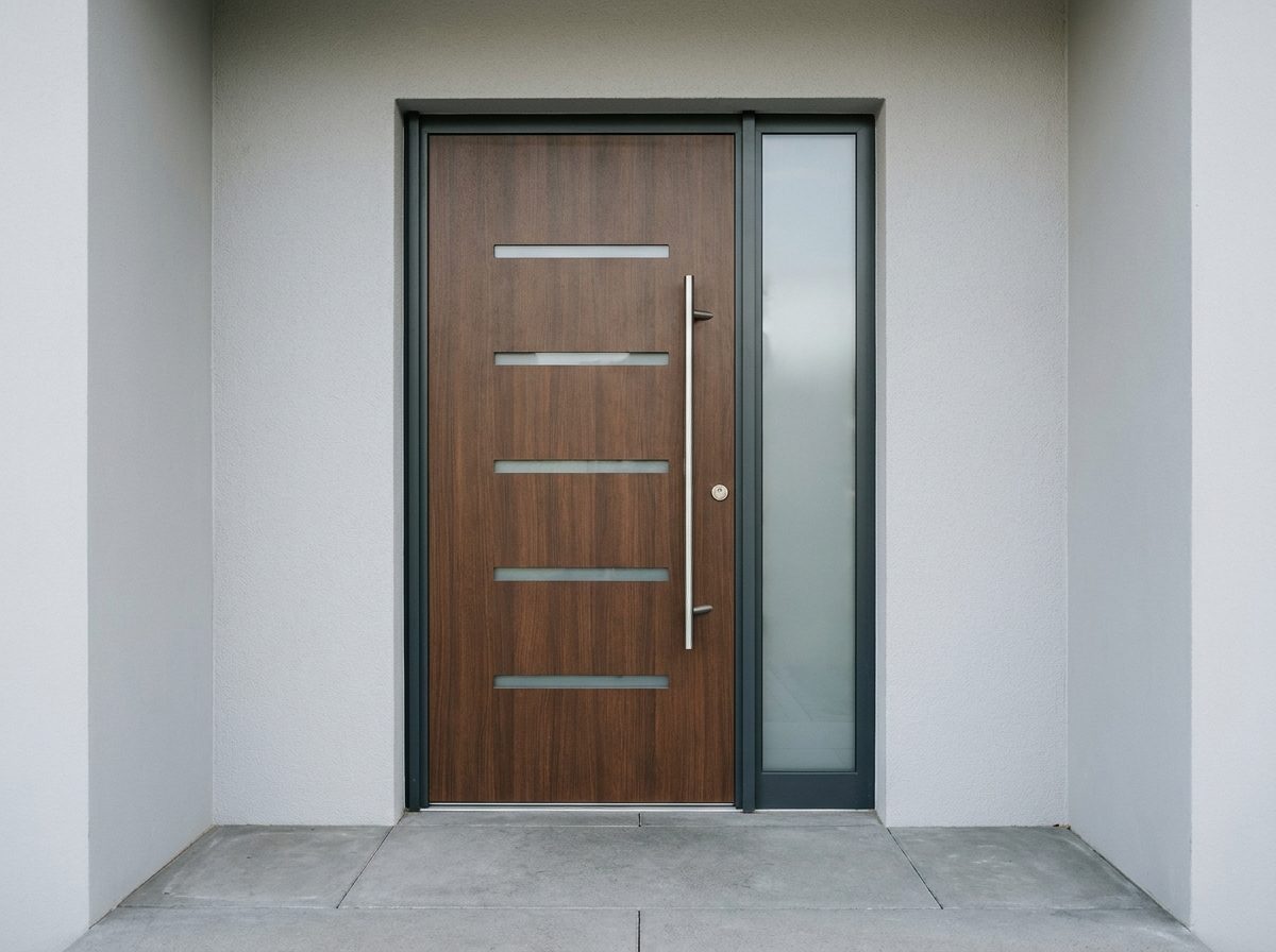 Haustür in dunkler Holzoptik mit schmalen Lichtausschnitten und festem Seitenteil