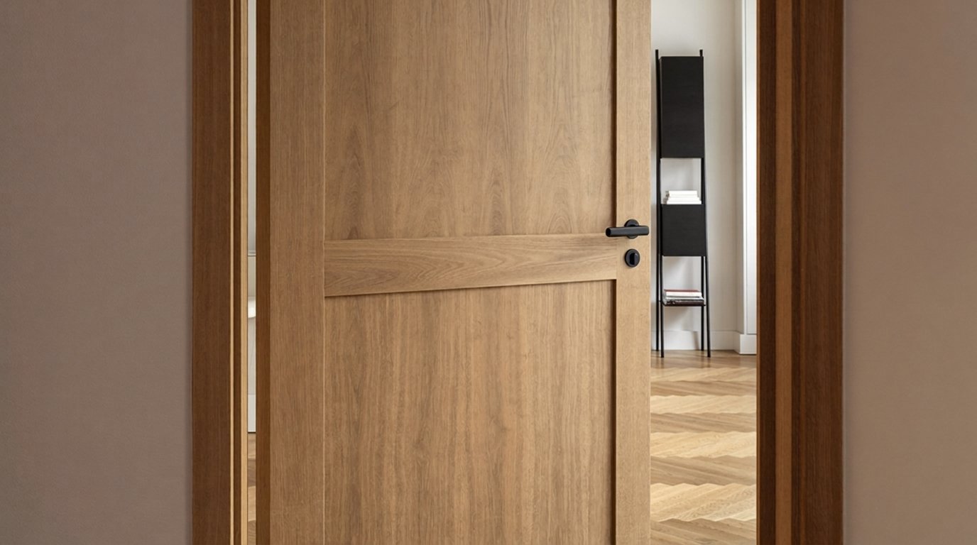 Innentür in Eiche in einer hellen Wohnung mit Parkettboden